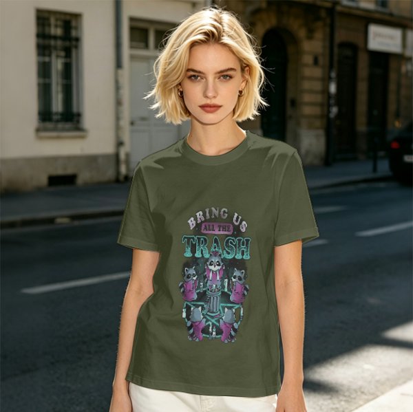 Olive graphic t-shirt with raccoons and 'Bring Us All The Trash' text
