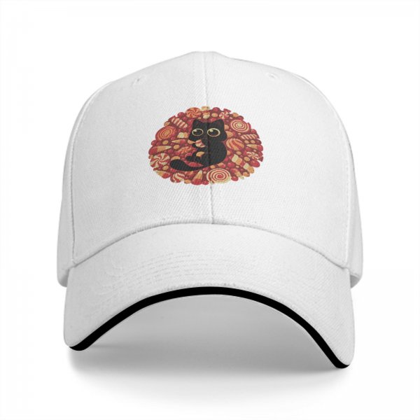 Black Baseball Cap with Cute Black Cat and Candy Print