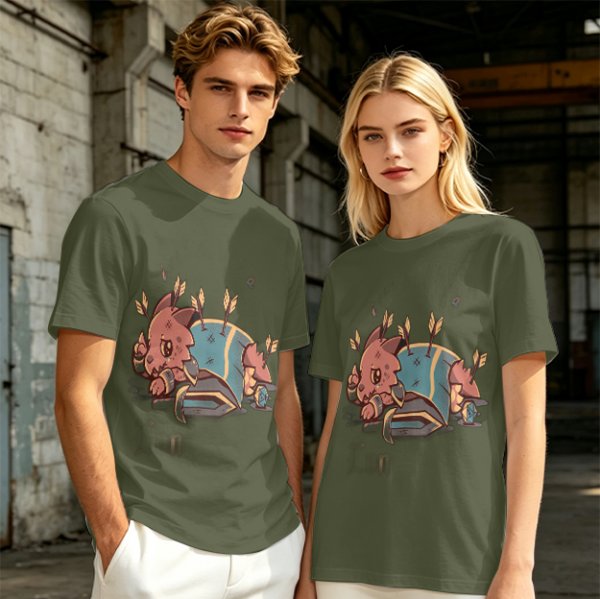 Olive T-shirt with Chibi Wounded Fantasy Creature Graphic