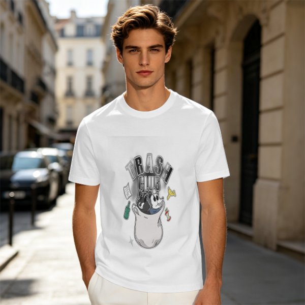 Olive graphic t-shirt with Trash Club raccoon and panda in trash can print