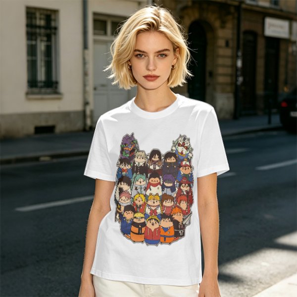 Olive T-shirt with cute chibi anime character group print