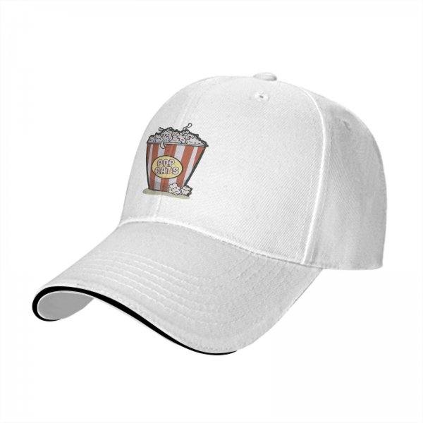 Black baseball cap with popcorn bucket 'POP CATS' graphic