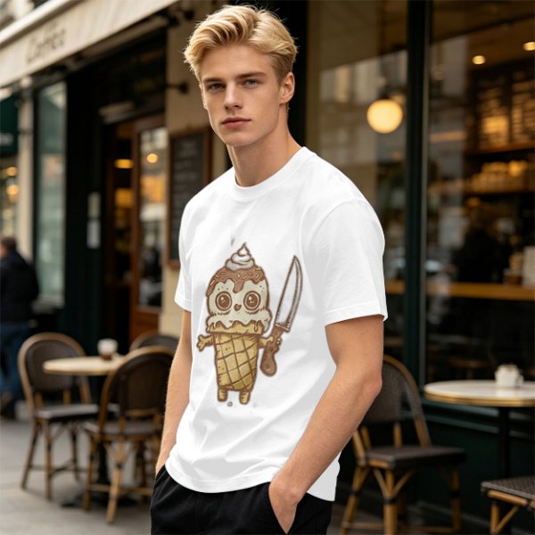 Olive T-Shirt With Cute Ice Cream Cone Holding Knife Print