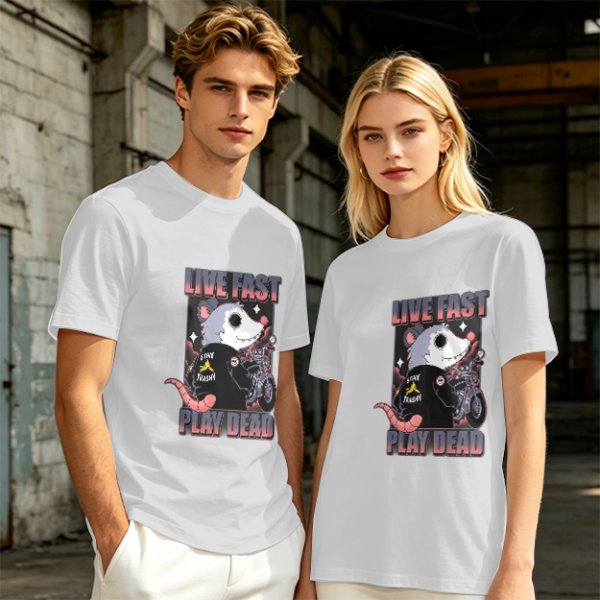 Olive t-shirt with live fast play dead opossum biker graphic
