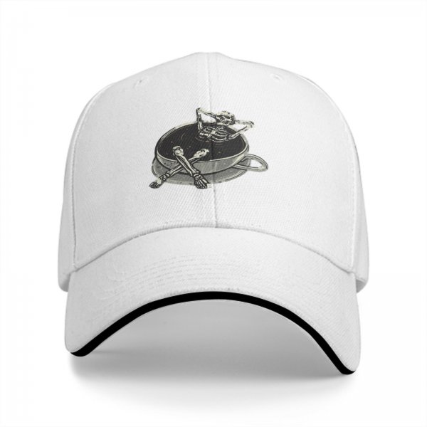 Black baseball cap with skeleton relaxing in coffee cup graphic