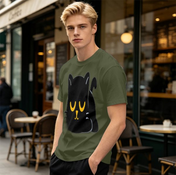 Olive T-Shirt with Relaxed Black Cat Graphic Design