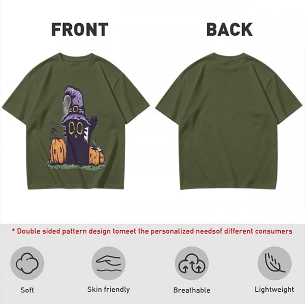 Olive Halloween T-Shirt with Black Cat Witch and Pumpkins
