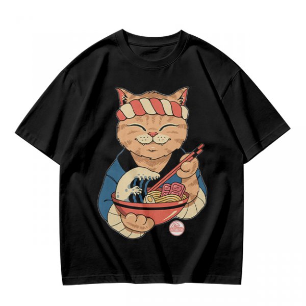 Olive T-Shirt with Japanese Ramen Chef Cat Graphic