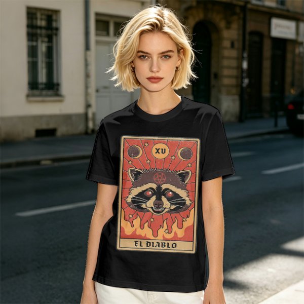Olive T-Shirt With Raccoon El Diablo Tarot Card Print