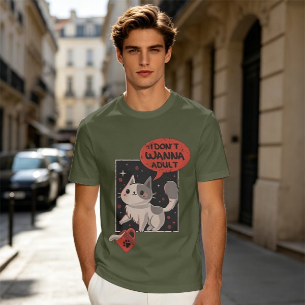 Olive cat graphic t-shirt with 'I don't wanna adult' print