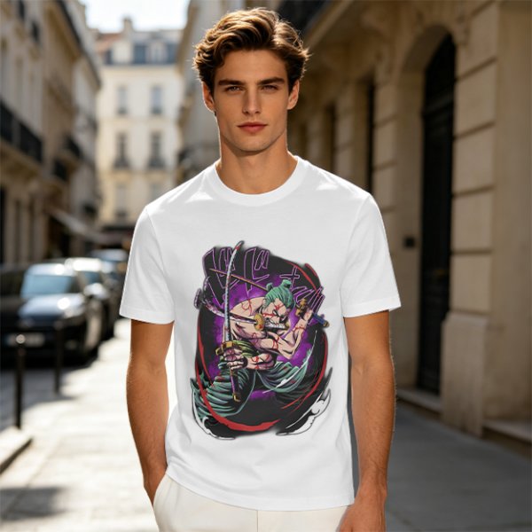 Olive T-shirt with One Piece Roronoa Zoro Three Sword Style Print