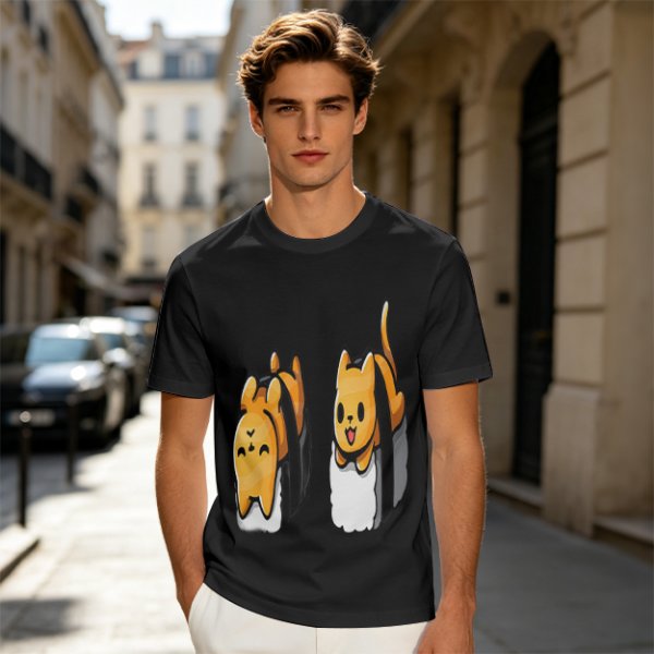 Olive T-shirt with cute sushi cat graphic print