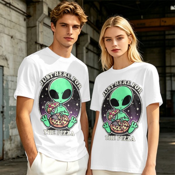 Olive green t-shirt with alien eating pizza text Just Here For The Pizza