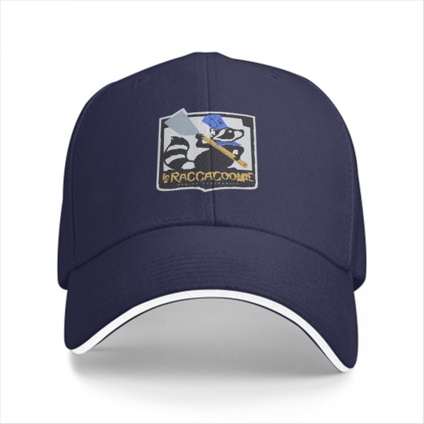 Black baseball cap with raccoon chef graphic and RACCACOOKIE text