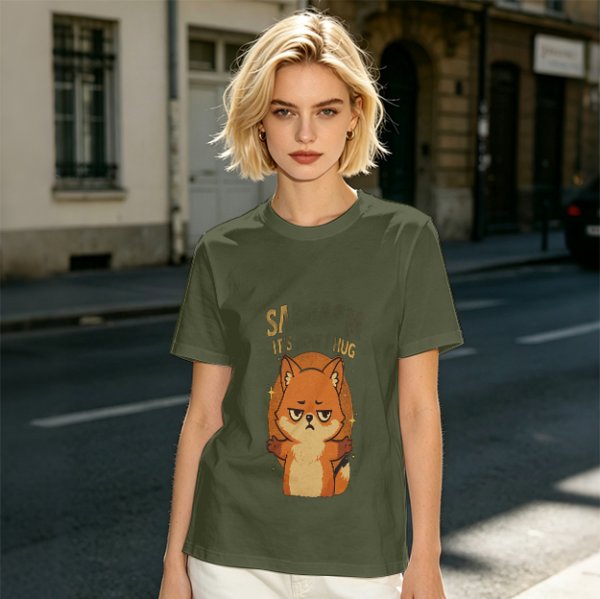 Olive green t-shirt with grumpy fox offering a hug graphic