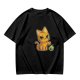 Olive T-shirt with mischievous orange cat knocking over green cup print