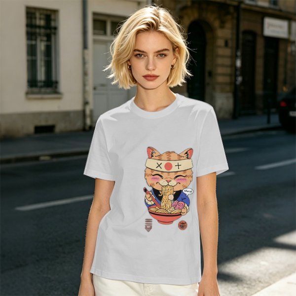 Olive green t-shirt with a cute cat eating ramen graphic