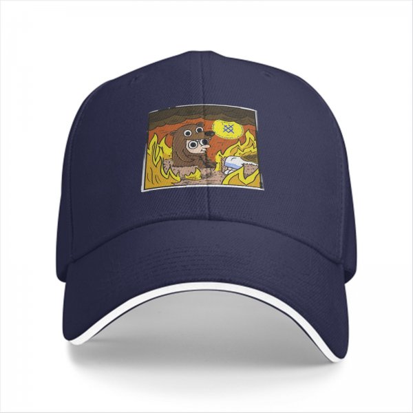 Black baseball cap with cartoon bear costume character in fiery cave print
