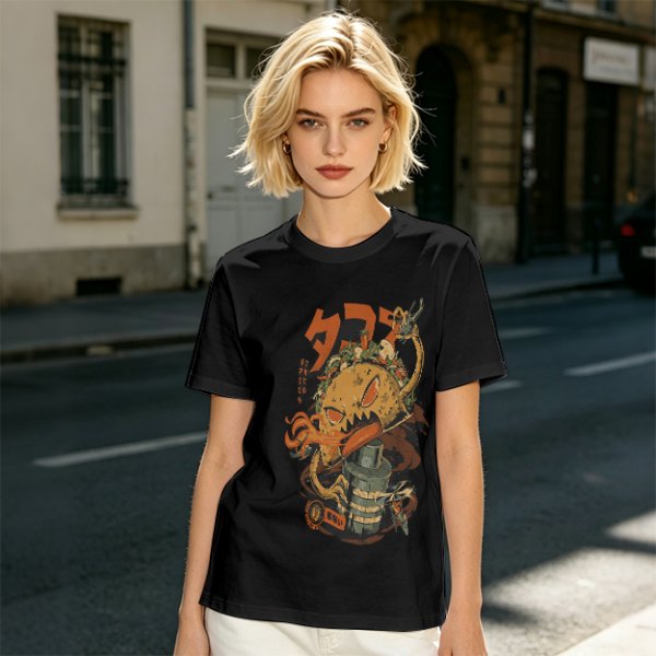 Olive T-shirt with Monster Burger and Japanese Graphic Print