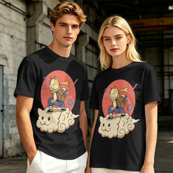 Olive T-shirt with a cat warrior riding a flying cloud graphic