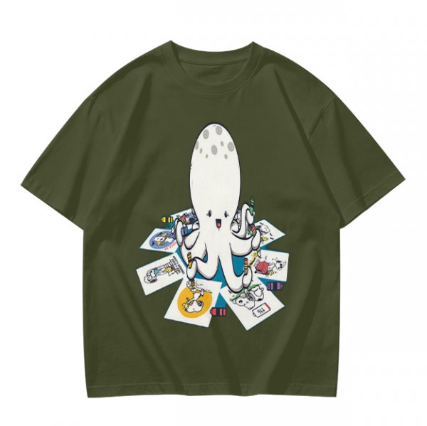 Olive T-Shirt With Cute Octopus Drawing Artwork Print