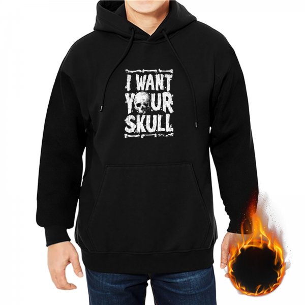 Black hoodie with 'I Want Your Skull' graphic print