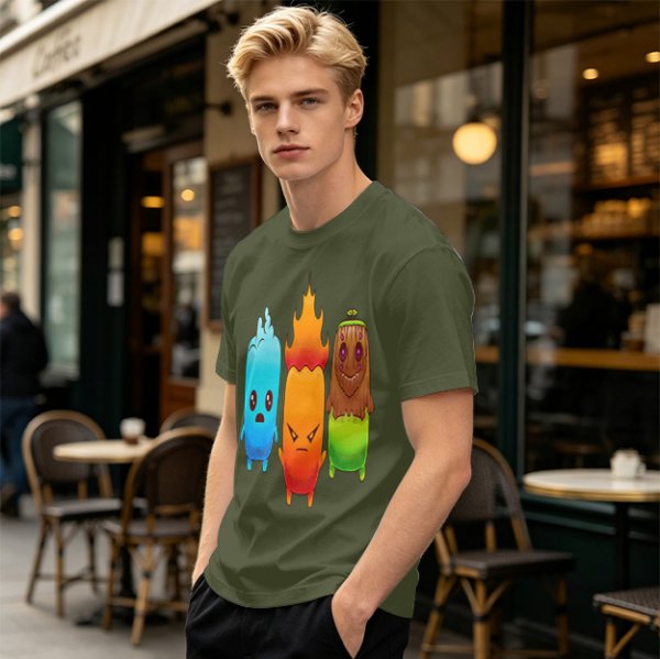 Olive T-Shirt With Cute Water Fire And Earth Elemental Characters