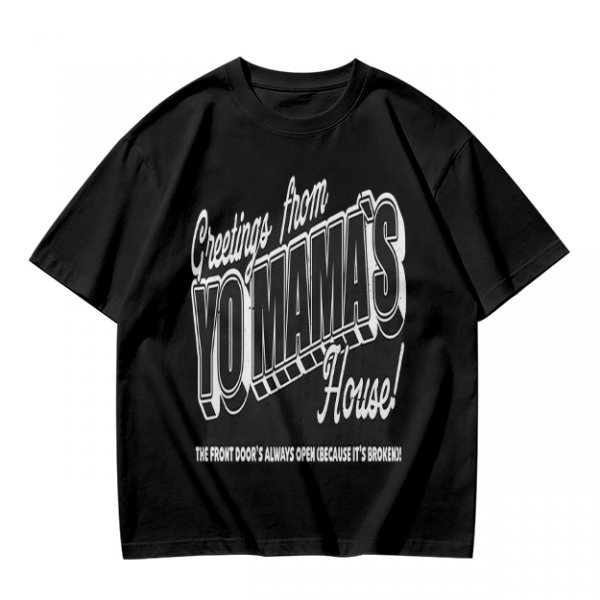 Olive green graphic t-shirt with 'Greetings from Yo Mama's House' print