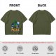 Olive Green T-Shirt with Alien Eating Pizza UFO Graphic