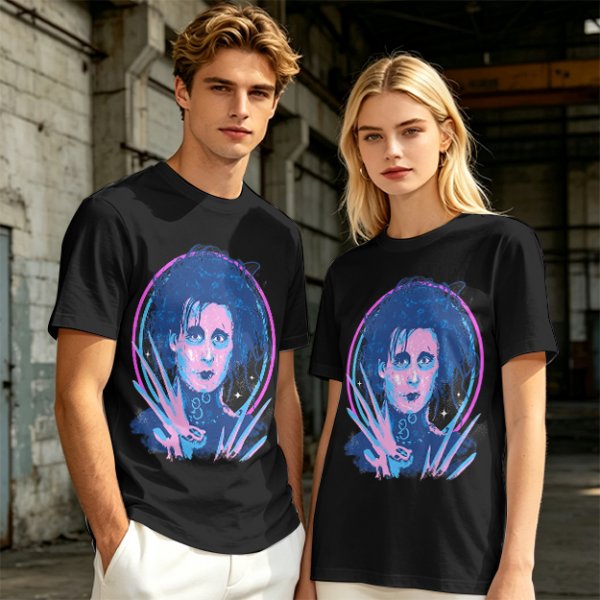 Olive T-Shirt With Neon Edward Scissorhands Portrait Print