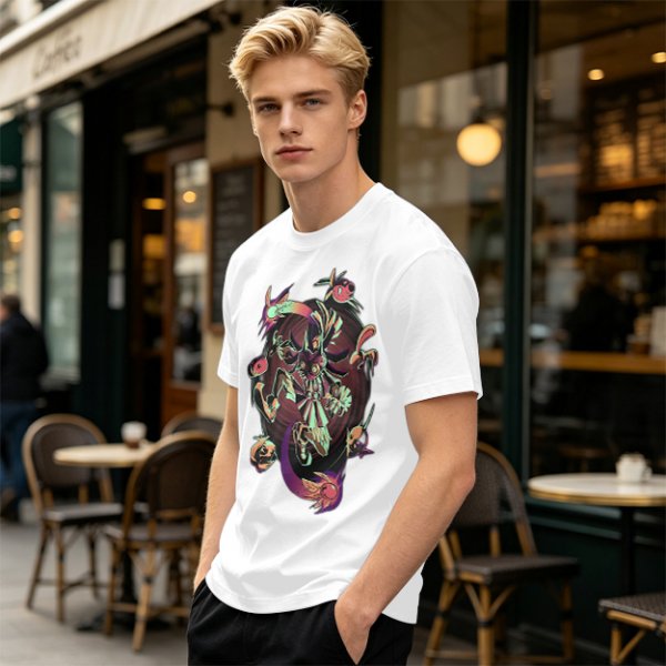 Olive Graphic Tee With Surreal Fantasy Creature Art Print
