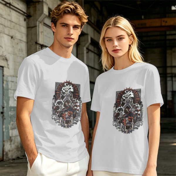 Olive T-shirt with Gothic Anime Character Group Graphic Print