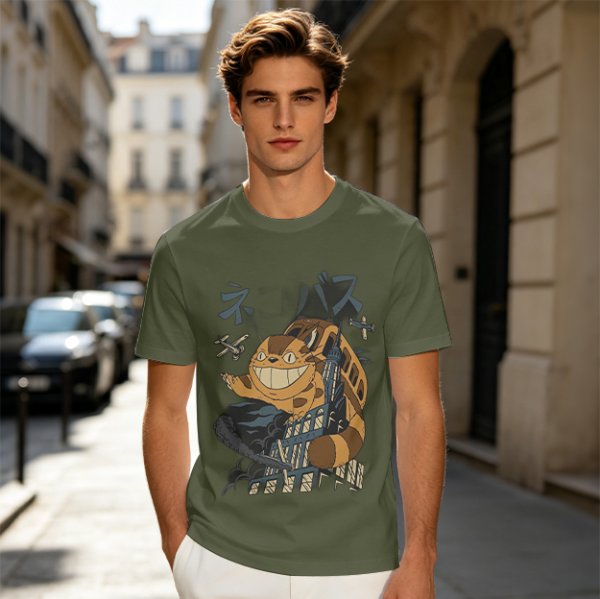 Olive T-shirt with giant cat bus monster and vintage planes graphic