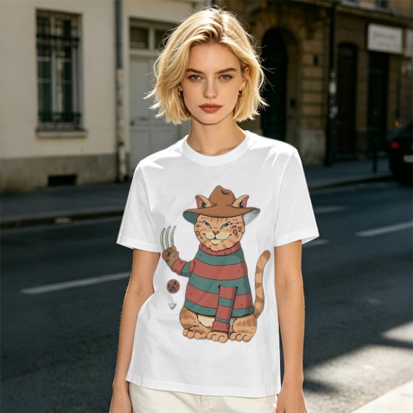 Olive T-Shirt With Freddy Krueger Themed Cat Graphic