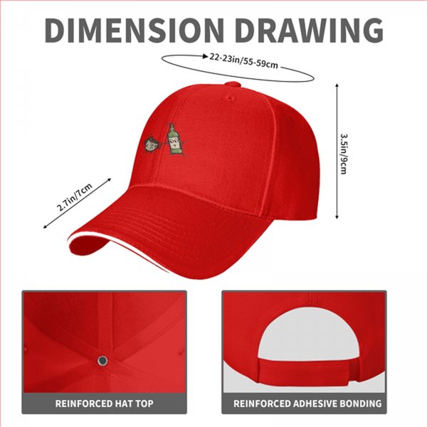 Black baseball cap with cartoon coffee cup and wine bottle graphic