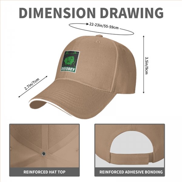 Black baseball cap with green 'DISOBEY' portrait graphic