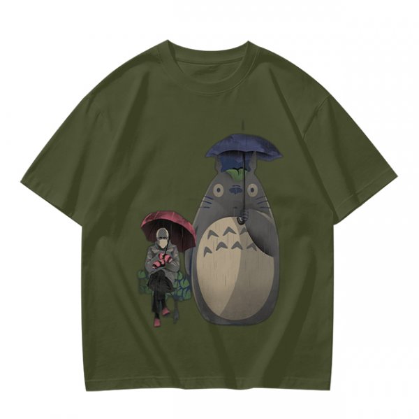 Olive T-shirt with Totoro and masked figure under umbrellas print