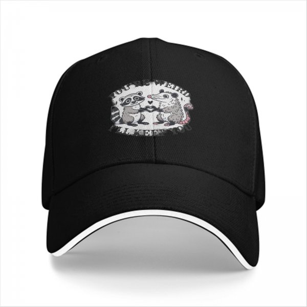 Black baseball cap with raccoon and opossum weird love graphic