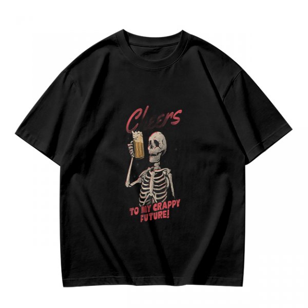 Olive skeleton graphic t-shirt with 'Cheers to my crappy future' print
