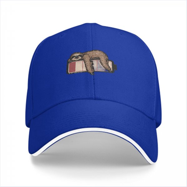 Black baseball cap with a sleepy sloth on low battery icon print