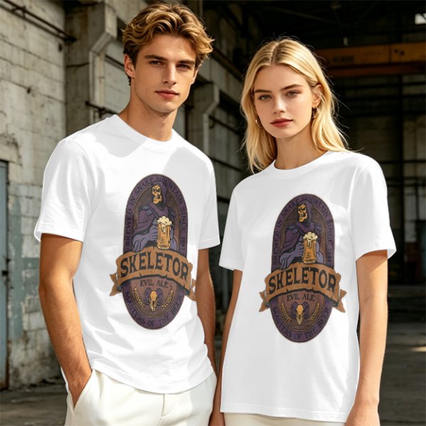 Olive green t-shirt with Skeletor Evil Ale beer graphic