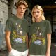 Olive T-shirt with fantasy characters balancing on a log over a stream