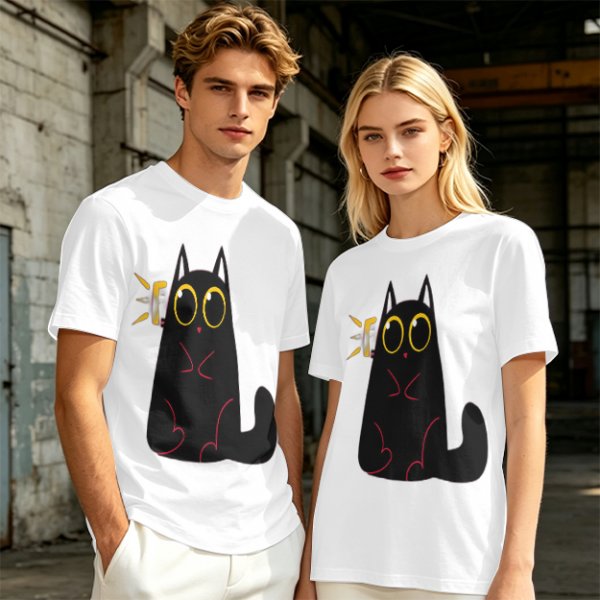 Olive Green T-Shirt With Surprised Black Cat Graphic Print