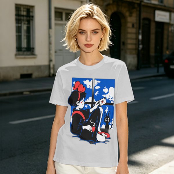 Olive t-shirt with Kiki's Delivery Service window print of girl reading letter