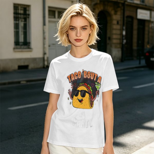Olive taco graphic t-shirt with 'TACO 'BOUT A' text and margarita