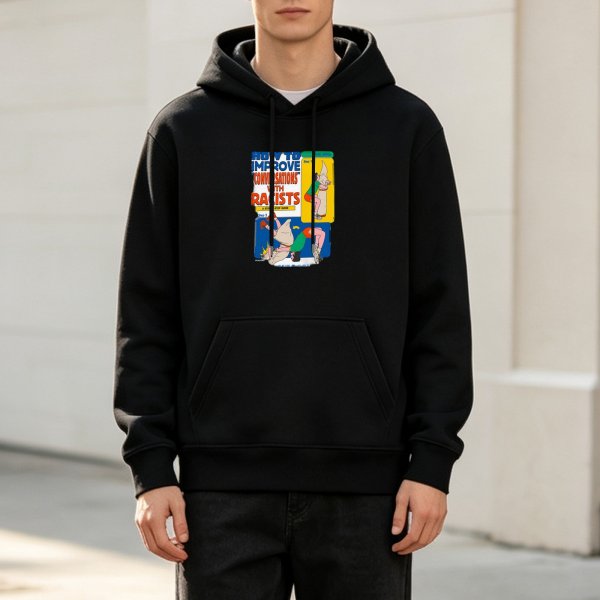 Black hoodie with 'How to Improve Conversations with Racists' graphic print