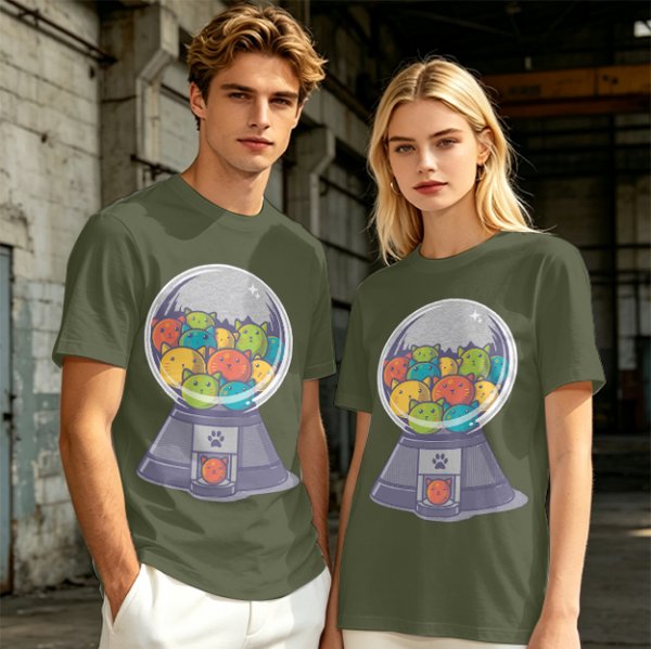 Olive T-Shirt With Cat Gumball Machine Artwork