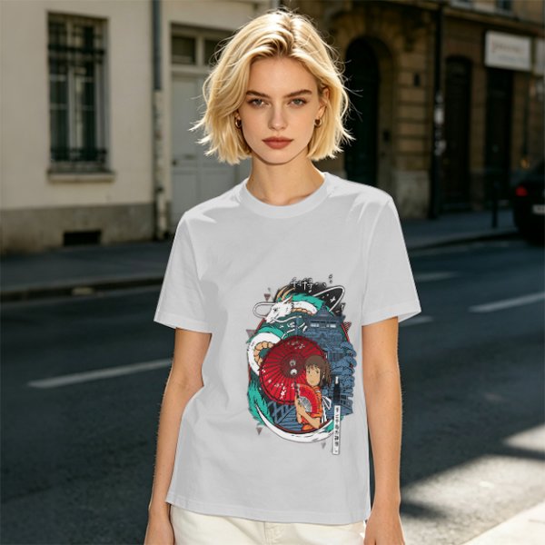 Spirited Away anime graphic olive green short sleeve t-shirt