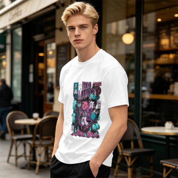Olive green graphic tee with neko necromancer cat wizard art