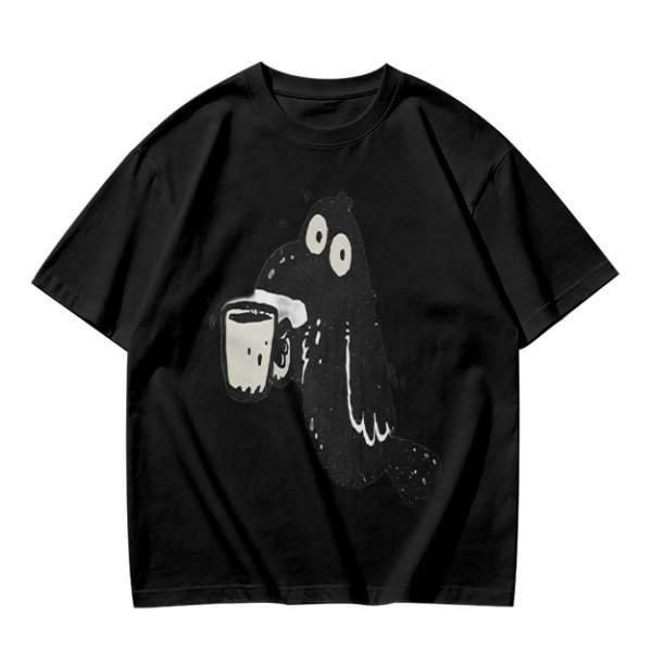 Olive Green T-Shirt With Cartoon Crow Holding Coffee Mug Print